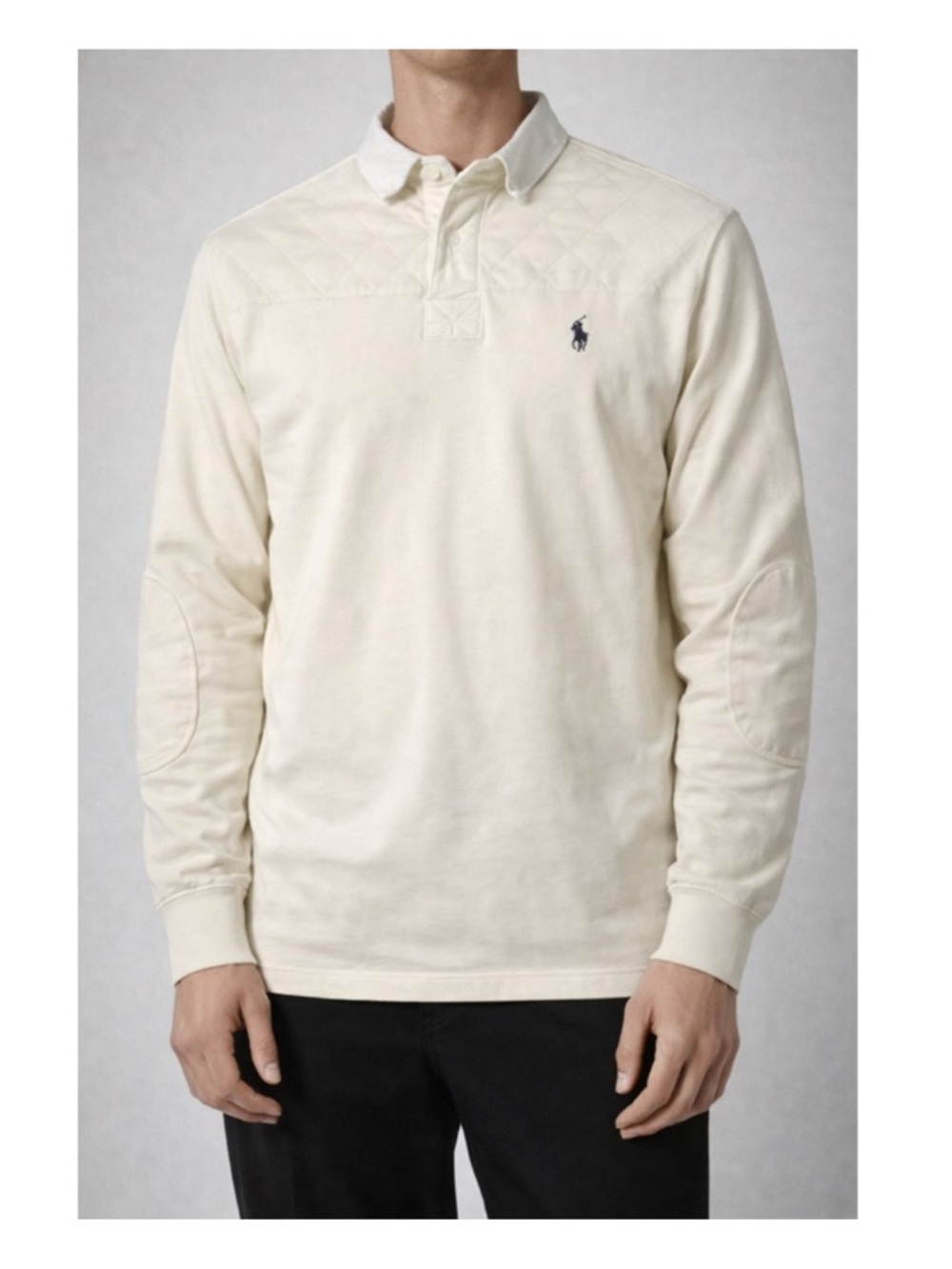 Polo Ralph Lauren Rugby Shirt XXL Cream White Vintage Long Sleeve Elbow Patches
